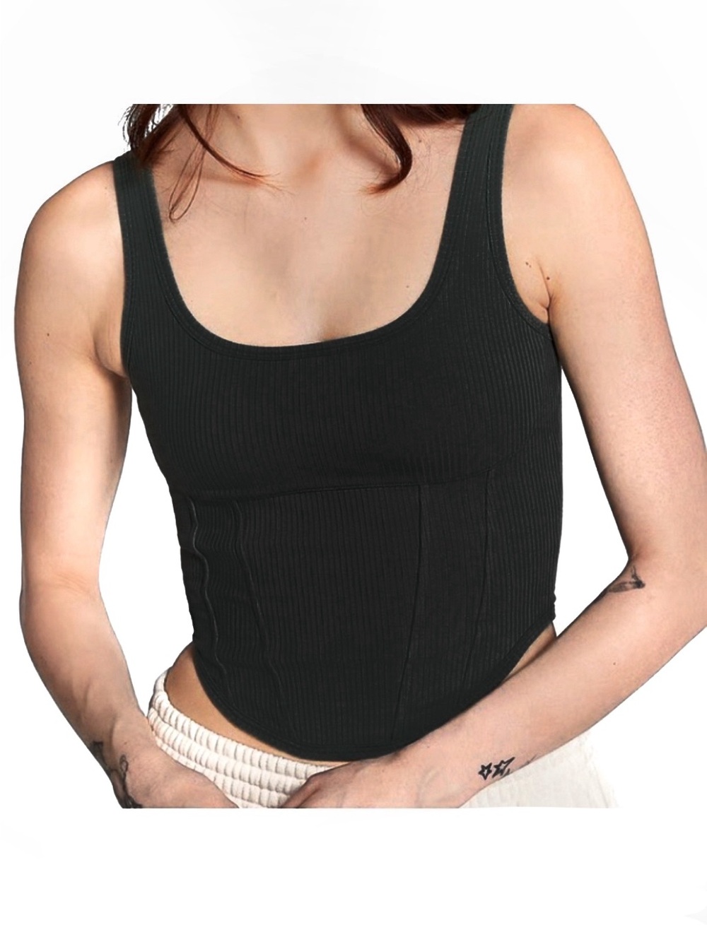Victorias Secret PINK Cinched Pique Corset Bralette Black Ribbed Tank Top Size S